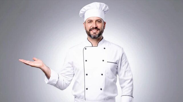 Professional chef gesturing to open space in elegant studio video, perfect for advertising food products or restaurant promotions, full of culinary passion