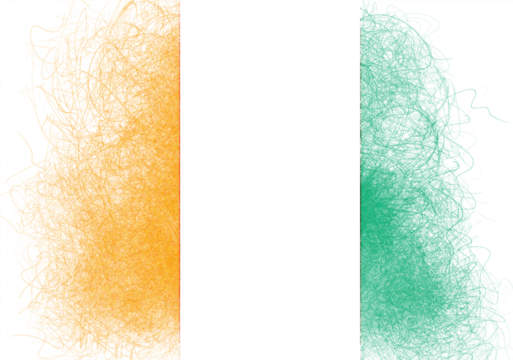 Abstract interpretation of the national flag of Cote d'Ivoire, showcasing textured vertical bands of orange, white, and green with dynamic, stylized, and gestural lines adding visual