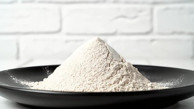 Close Up of a Textured Pile of Brown Flour or Whole Wheat Flour on a Black Plate Against a Blurred White Brick Wall Background for Baking and Cooking
