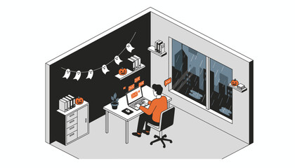 Busy professional working remotely on laptop in a festive Halloween office with a rainy city view