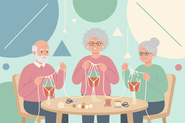 Seniors enjoying macrame plant hanger craft promoting healthy aging and creative hobbies