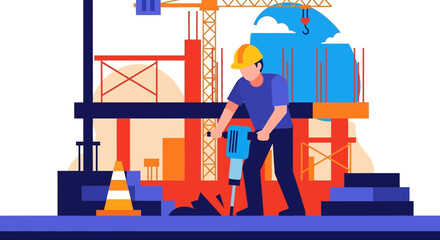 Construction worker with jackhammer on a building site symbolizing labor development and progress