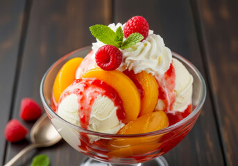 Refreshing Peach Melba Dessert with Vanilla Ice Cream, Sweet Peaches, Strawberry Sauce, Whipped Cream, Fresh Raspberries, and Mint on Dark Wood.