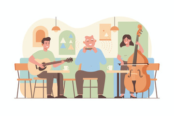Happy musicians an intergenerational band playing guitar harmonica and bass in a cozy cafe