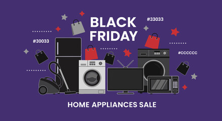 Black Friday home appliances sale graphic Shopping bags electronics and discount promotion