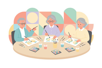 Seniors happily engage in a painting class fostering creativity community and active retirement