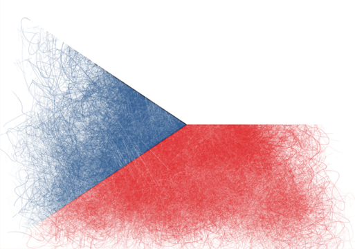 An artistic rendering presents the national flag of the Czech Republic with a unique scribble-style border effect, featuring vibrant red, white, and blue hues in a creative design.