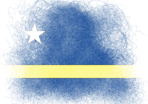 Stylized depiction of Curacao flag, features a dark blue field with a yellow horizontal stripe, accented by two white stars in the upper left, evokes a hand-drawn, textured feel with