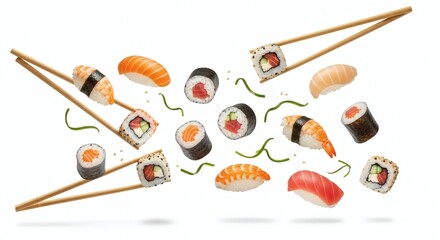 Colorful assortment of sushi rolls and sashimi flying through the air with chopsticks in action