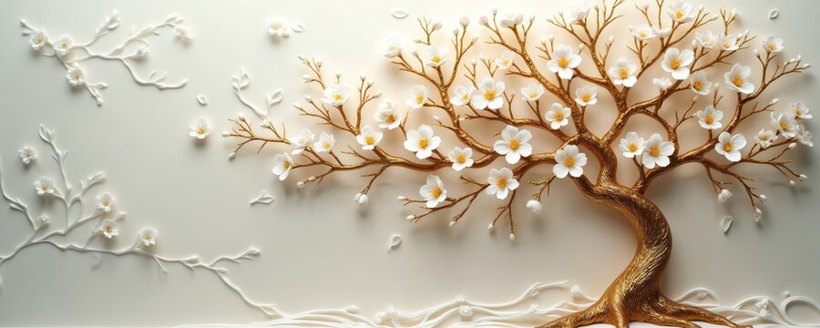 Golden tree branches bloom with delicate white flowers. Intricate 3D relief sculpture decorates light cream textured background. Elegant wall art offers calm, luxurious, sophisticated nature inspired