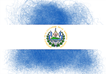 Stylized El Salvador flag with frayed edges evokes a sense of resilience and cultural pride, rendered in vivid blue, white, and symbolic imagery with a textured, slightly distressed