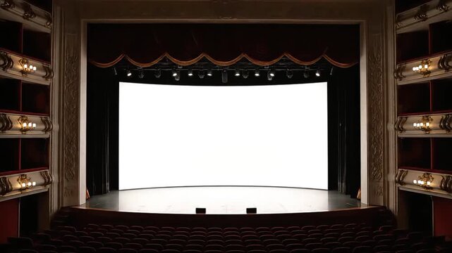Empty Theater Stage with White Screen for Projection Elegant Opera House Auditorium with Red Velvet Curtains and Ornate Gold Details Ready for Show