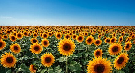 Obraz premium Vibrant sunflower field under blue sky natural beauty and agricultural scene