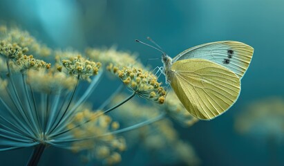 A delicate yellow butterfly rests gracefully on a cluster of tiny yellow flowers against a teal background