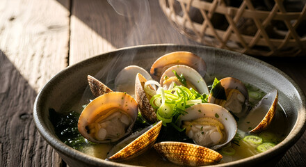 Steaming bowl of delicious clams with vegetables on a rustic wooden table culinary photography