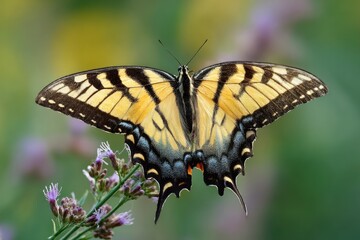 Fototapeta premium Bright butterfly with yellow and black patterned wings sits on small purple flowers