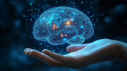 Hand-held AI brain model neural connection projection, brain-computer interface concept