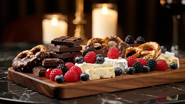 Indulgent Dessert  Snack Platter Chocolate Dipped Pretzels Assorted Berries Fine Cheeses  Dark Chocolate Blocks perfect for a romantic candlelit evening