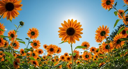 Vibrant sunflowers blooming in a field under a bright blue sky
