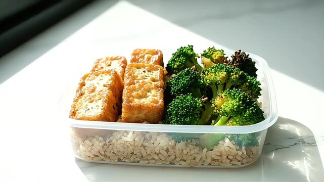 Nutritious Vegan Meal Prep with Crispy Tofu Fresh Broccoli and Brown Rice Healthy Plant-Based Lunch or Dinner Idea