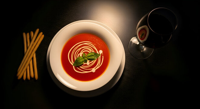 Tomato Soup and Breadsticks with Wine, a Delicious Meal with Elegant Presentation - Powered by Adobe