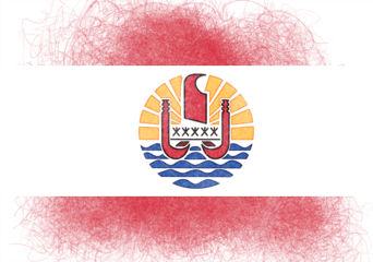 A textured image showcases the flag of French Polynesia, blending vibrant reds, whites, and blues, with a central emblem featuring stylized oceanic and cultural motifs, evoking a sense