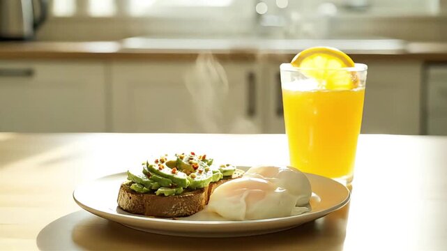 Delicious Healthy Breakfast Fresh Avocado Toast Perfectly Poached Eggs and Vibrant Orange Juice on a Bright Morning Kitchen Table