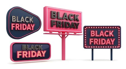 Collection of four illuminated black friday signs, each with a unique shape and design, isolated on a white background, perfect for advertising sales and promotions