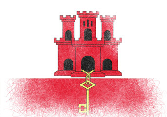 Stylized rendering of Gibraltar's flag, featuring a prominent red castle and a golden key,...