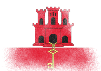 Stylized rendering of Gibraltar's flag, featuring a prominent red castle and a golden key, presented in a painterly style with textured brushstrokes and abstract outlining, evoking a