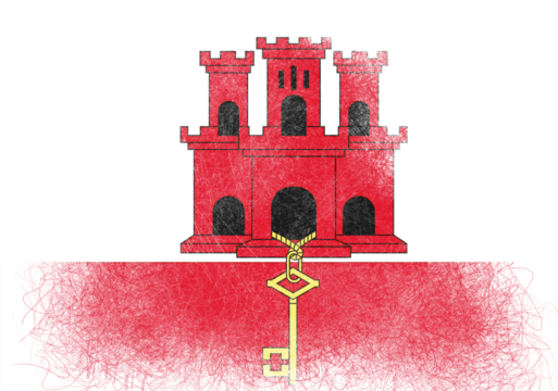 Stylized rendering of Gibraltar's flag, featuring a prominent red castle and a golden key, presented in a painterly style with textured brushstrokes and abstract outlining, evoking a