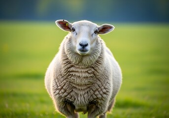 Fototapeta premium A fluffy white sheep stands in a vibrant green field, looking directly at the viewer with a calm and gentle expression.