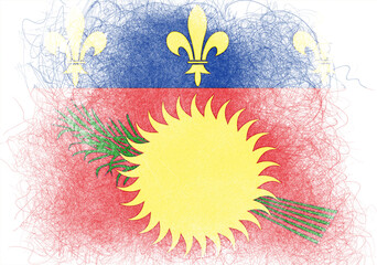 Stylized image features a flag-inspired design using red, blue, and yellow hues, accented with symbolic elements like fleurs-de-lis and a vibrant sun motif rendered in a raw,