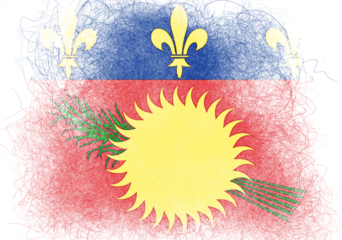 Stylized image features a flag-inspired design using red, blue, and yellow hues, accented with symbolic elements like fleurs-de-lis and a vibrant sun motif rendered in a raw,