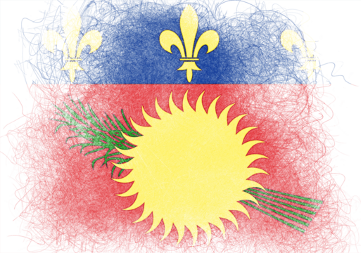 Stylized image features a flag-inspired design using red, blue, and yellow hues, accented with symbolic elements like fleurs-de-lis and a vibrant sun motif rendered in a raw,