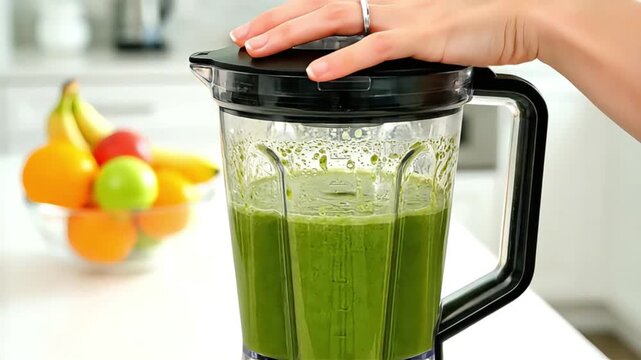 Homemade Green Smoothie Preparation A Woman Blending Fresh Healthy Ingredients in a Modern Kitchen Blender with Various Fruits in the Background for a Nutritiou