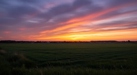 Vibrant sunset over a green field with colorful sky background