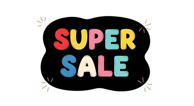 Super sale text in colorful letters on a black background with small yellow lines indicating excitement, isolated on white background