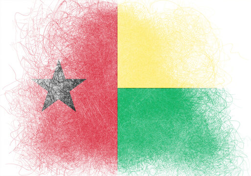 Stylized artistic rendering of a flag features bold red, yellow, and green sections, the red segment displaying a striking black star, created with a unique scribble art style.