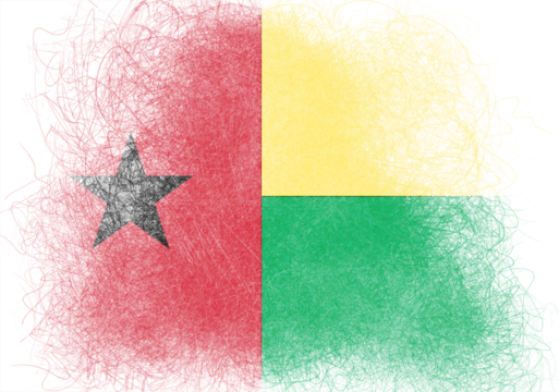 Stylized artistic rendering of a flag features bold red, yellow, and green sections, the red segment displaying a striking black star, created with a unique scribble art style.