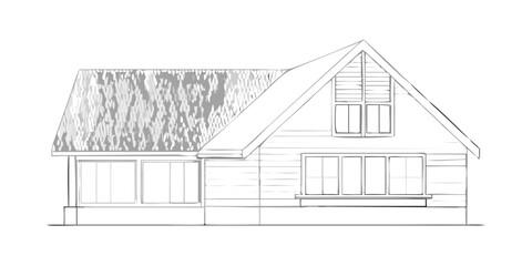 A hand drawn sketch of a charming wooden cabin with a steeply pitched roof and large windows