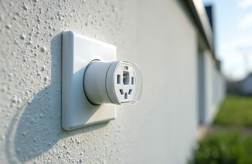 Outdoor electrical outlet on textured house wall in daylight. Modern white socket connects to mains power supply outside property. Utility connection for garden tools, lights or appliances.