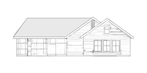 Simple black and white illustration of a two story house with gable roof and multiple windows