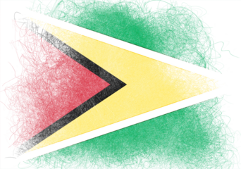 Stylized graphic representation of Guyana's national flag features bold red, gold, green, black, and white colors in abstract style, evoking national identity and cultural heritage.