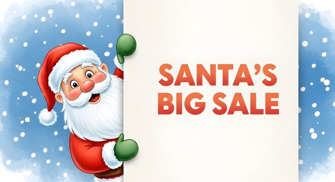 Santa claus peeking around a sign that says santas big sale with a snowy background - Powered by Adobe