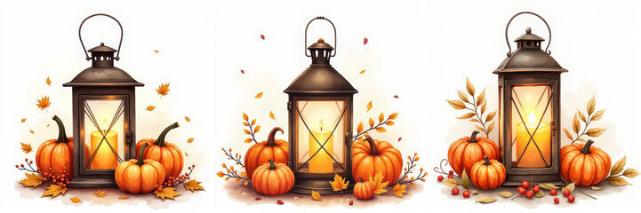 Soft watercolor illustration of vintage lantern with glowing candle surrounded by pumpkins and dry leaves, cozy autumn still life on white background