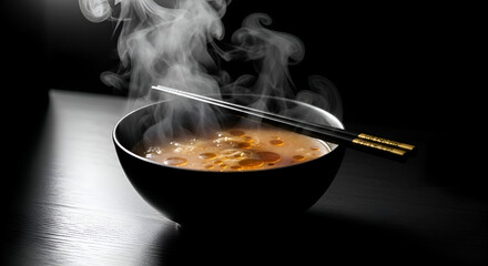 Steaming Bowl Of Savory Soup With Chopsticks And Moody Black Background