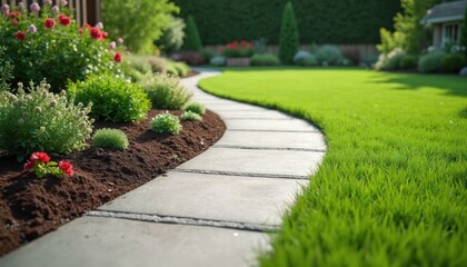Obraz premium Curved concrete path in backyard landscape surrounded by green grass, vibrant flowers. Garden pathway leads through garden bed with various plants, flowers. Well-manicured lawn, garden design create