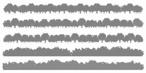 Collection of diverse grey tree and bush silhouettes arranged in horizontal rows on white background