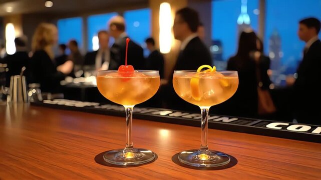 Elegant cocktails on a stylish bar counter at a high rise city lounge featuring blurred people enjoying a sophisticated evening with stunning skyline views